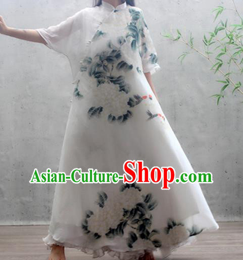 Chinese Traditional Printing Peony Qipao Dress Woman Costume National Stand Collar White Cheongsam