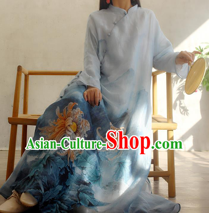 Chinese Traditional Printing Chrysanthemum Blue Qipao Dress Woman Costume National Stand Collar Cheongsam