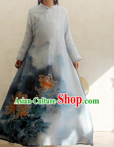Chinese Traditional Printing Chrysanthemum Blue Qipao Dress Woman Costume National Stand Collar Cheongsam