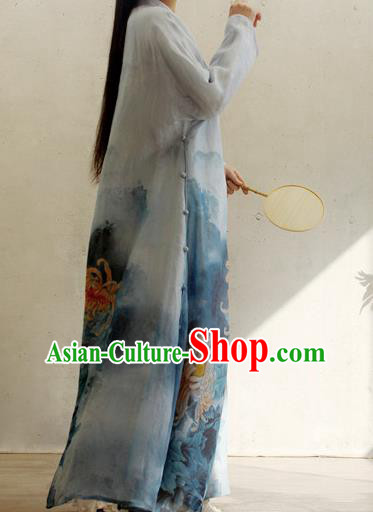Chinese Traditional Printing Chrysanthemum Blue Qipao Dress Woman Costume National Stand Collar Cheongsam