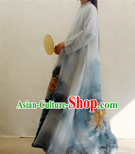 Chinese Traditional Printing Chrysanthemum Blue Qipao Dress Woman Costume National Stand Collar Cheongsam
