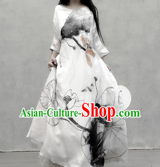 Chinese Traditional Ink Painting Lotus Qipao Dress Woman Costume National Tang Suit White Cheongsam