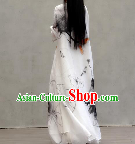 Chinese Traditional Ink Painting Lotus Qipao Dress Woman Costume National Tang Suit White Cheongsam