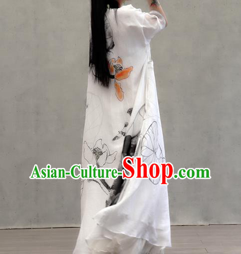 Chinese Traditional Ink Painting Lotus Qipao Dress Woman Costume National Tang Suit White Cheongsam