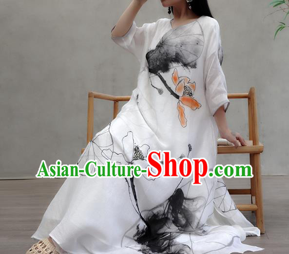 Chinese Traditional Ink Painting Lotus Qipao Dress Woman Costume National Tang Suit White Cheongsam