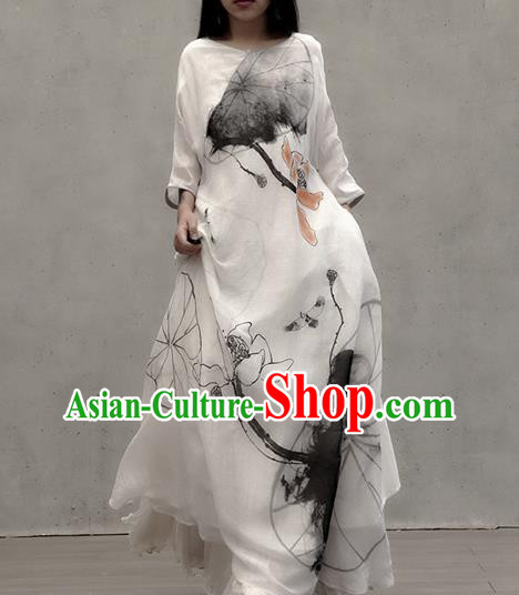 Chinese Traditional Ink Painting Lotus Qipao Dress Woman Costume National Tang Suit White Cheongsam