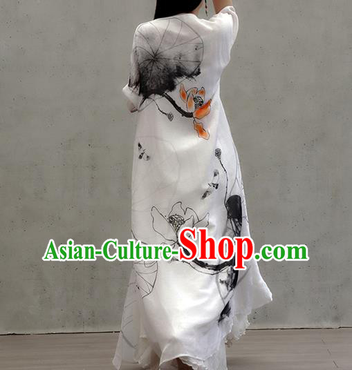 Chinese Traditional Ink Painting Lotus Qipao Dress Woman Costume National Tang Suit White Cheongsam