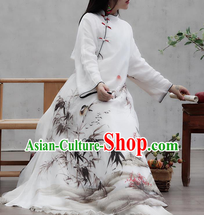 Chinese Traditional White Qipao Dress Woman Costume National Tang Suit Ink Painting Bamboo Cheongsam