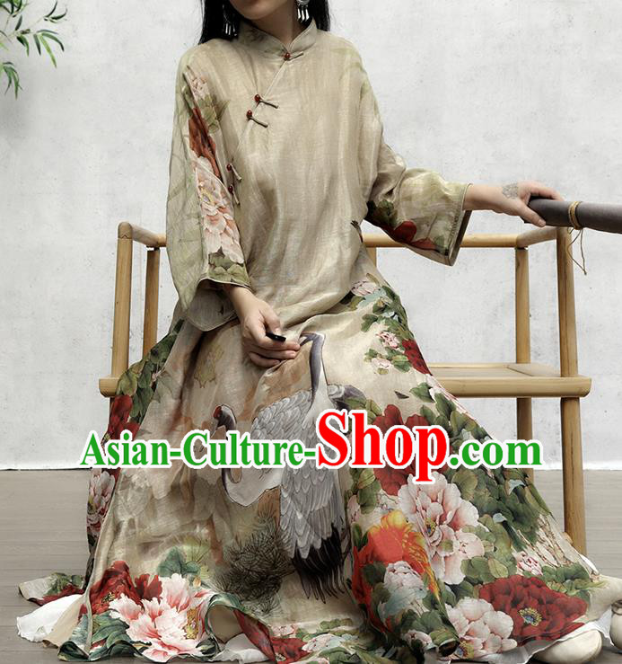 Chinese Traditional Stand Collar Qipao Dress Woman Costume National Printing Crane Peony Khaki Cheongsam