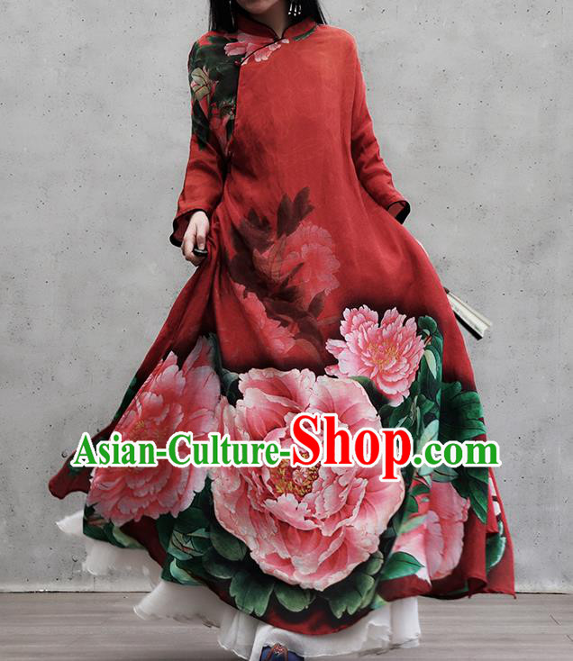 Chinese Traditional Tang Suit Loose Qipao Dress Woman Costume National Printing Peony Red Cheongsam