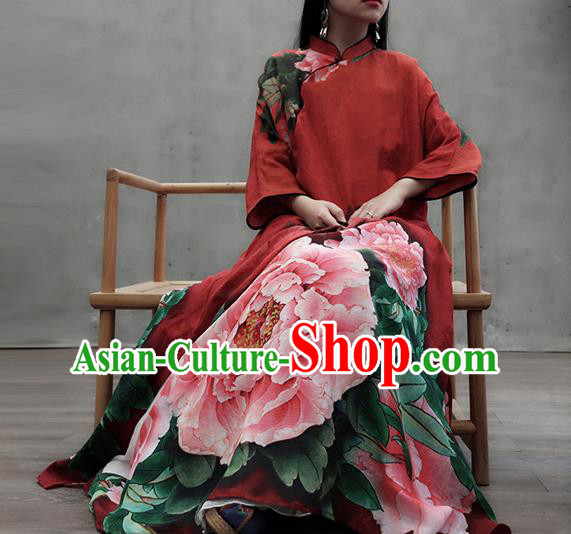 Chinese Traditional Tang Suit Loose Qipao Dress Woman Costume National Printing Peony Red Cheongsam