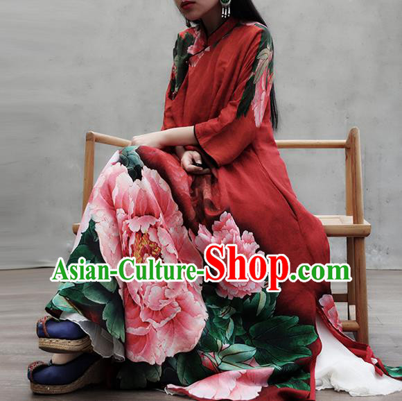 Chinese Traditional Tang Suit Loose Qipao Dress Woman Costume National Printing Peony Red Cheongsam