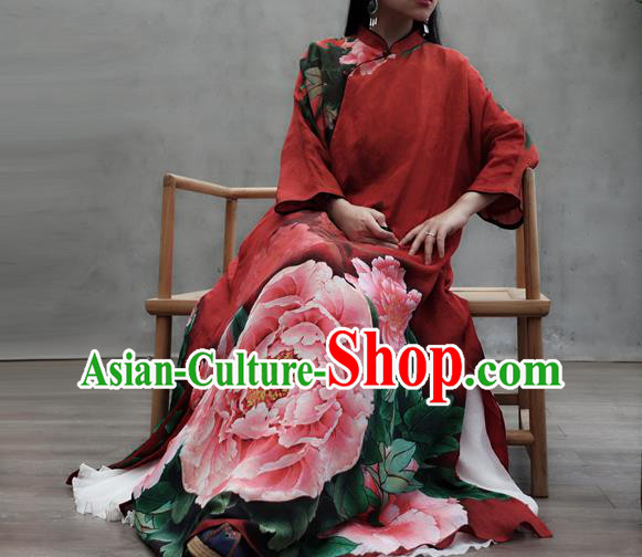 Chinese Traditional Tang Suit Loose Qipao Dress Woman Costume National Printing Peony Red Cheongsam