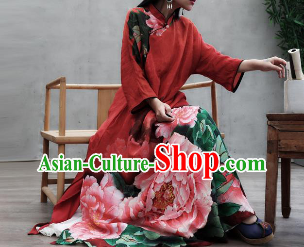 Chinese Traditional Tang Suit Loose Qipao Dress Woman Costume National Printing Peony Red Cheongsam