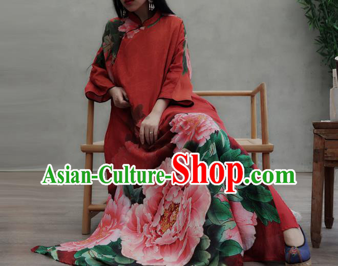 Chinese Traditional Tang Suit Loose Qipao Dress Woman Costume National Printing Peony Red Cheongsam