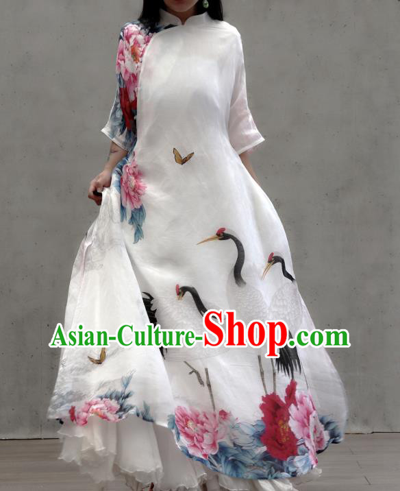 Chinese Traditional Tang Suit White Qipao Dress Woman Costume National Printing Crane Peony Cheongsam