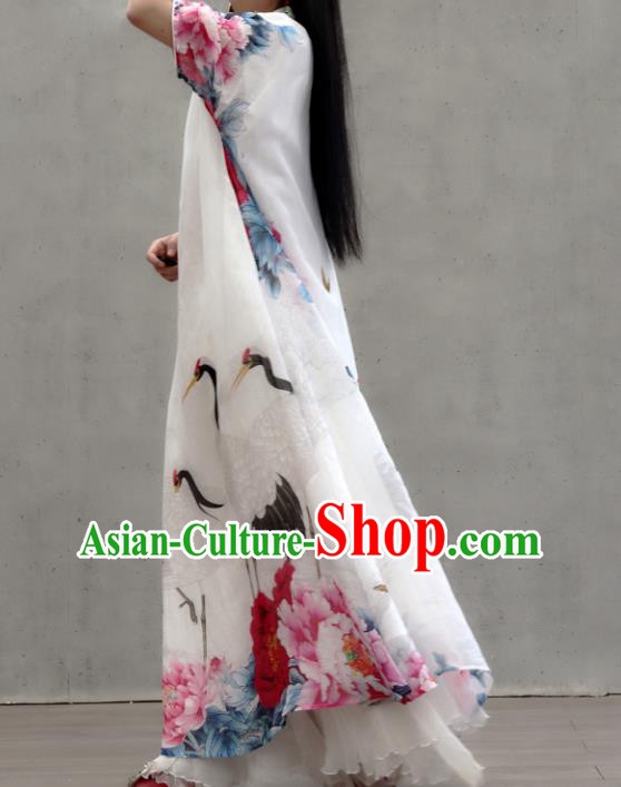Chinese Traditional Tang Suit White Qipao Dress Woman Costume National Printing Crane Peony Cheongsam