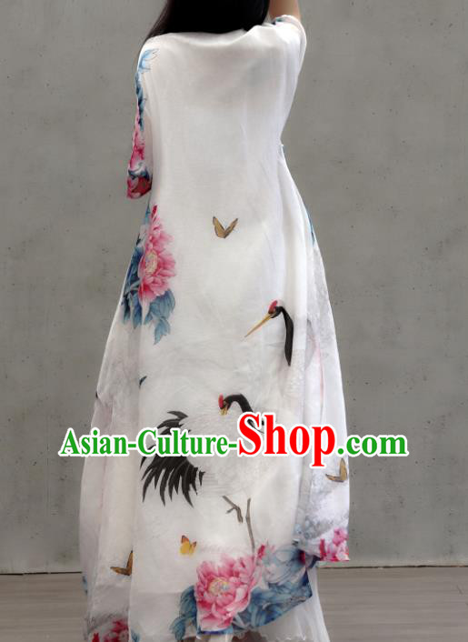 Chinese Traditional Tang Suit White Qipao Dress Woman Costume National Printing Crane Peony Cheongsam