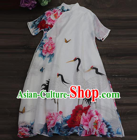 Chinese Traditional Tang Suit White Qipao Dress Woman Costume National Printing Crane Peony Cheongsam