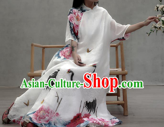 Chinese Traditional Tang Suit White Qipao Dress Woman Costume National Printing Crane Peony Cheongsam