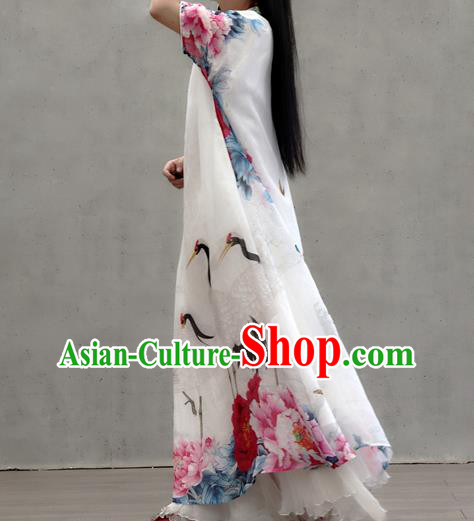 Chinese Traditional Tang Suit White Qipao Dress Woman Costume National Printing Crane Peony Cheongsam