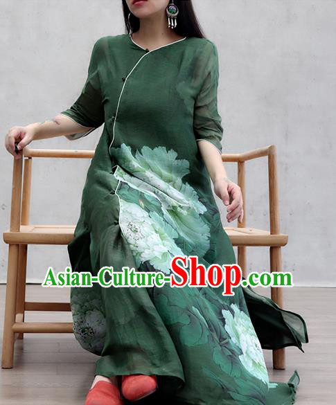 Chinese Traditional Slant Opening Qipao Dress Woman Costume National Printing Peony Green Cheongsam
