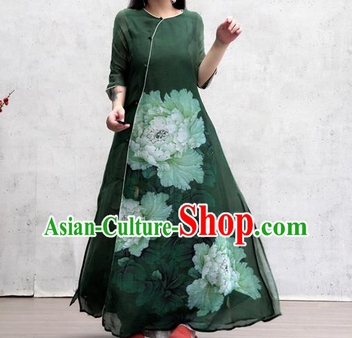 Chinese Traditional Slant Opening Qipao Dress Woman Costume National Printing Peony Green Cheongsam