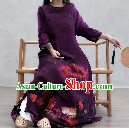 Chinese Traditional Printing Purple Qipao Dress Woman Costume National Slant Opening Cheongsam
