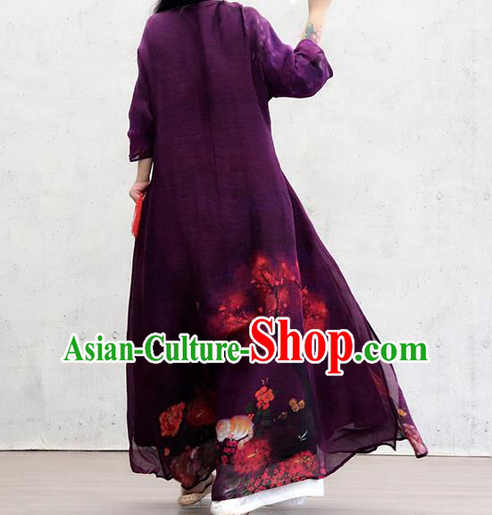 Chinese Traditional Printing Purple Qipao Dress Woman Costume National Slant Opening Cheongsam
