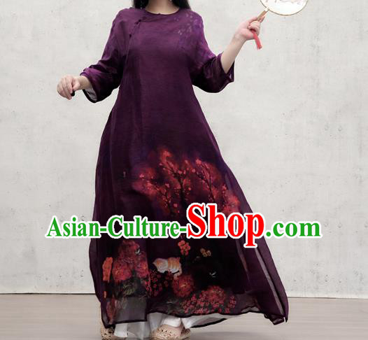 Chinese Traditional Printing Purple Qipao Dress Woman Costume National Slant Opening Cheongsam