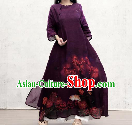 Chinese Traditional Printing Purple Qipao Dress Woman Costume National Slant Opening Cheongsam