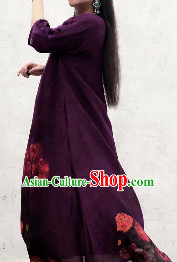 Chinese Traditional Printing Purple Qipao Dress Woman Costume National Slant Opening Cheongsam