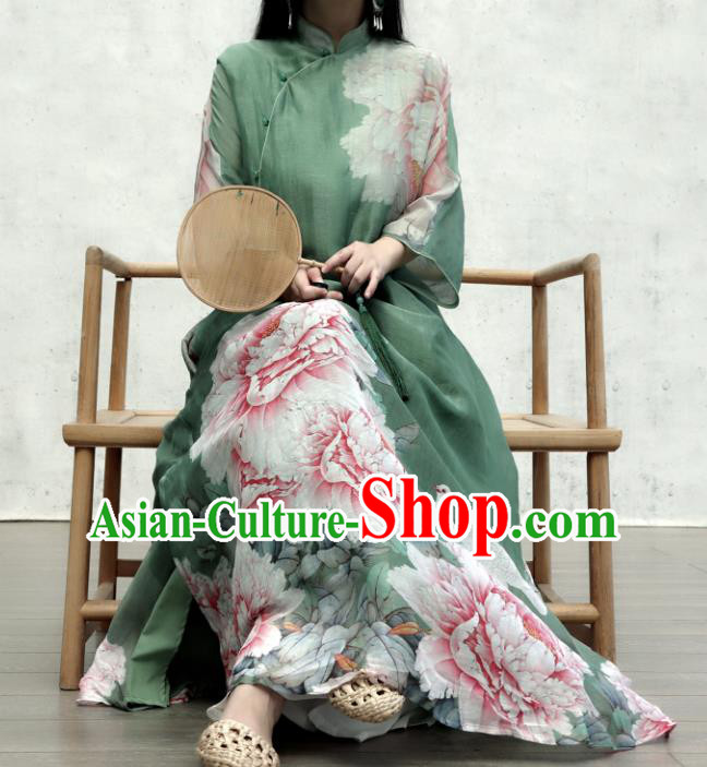 Chinese Traditional Printing Peony Green Qipao Dress Woman Costume National Stand Collar Cheongsam