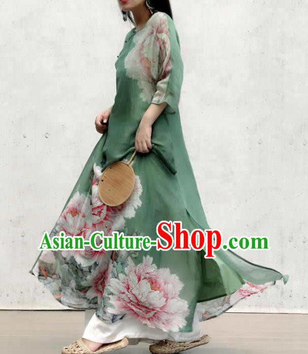 Chinese Traditional Printing Peony Green Qipao Dress Woman Costume National Stand Collar Cheongsam