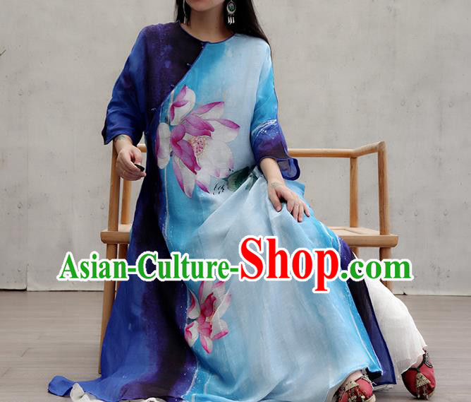 Chinese Traditional Tang Suit Qipao Dress Female Costume National Printing Lotus Blue Cheongsam