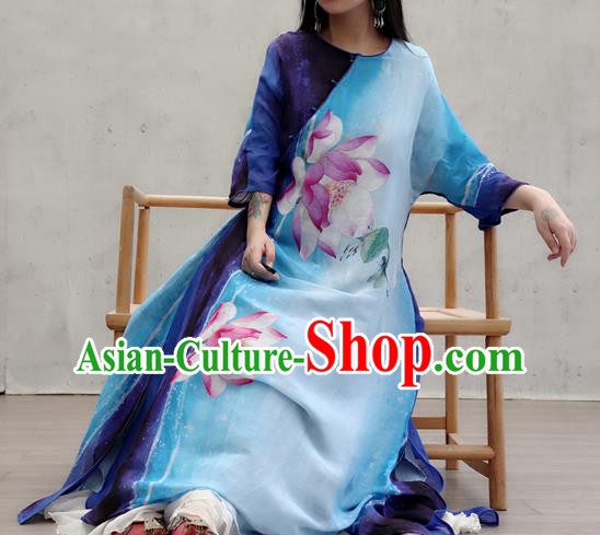 Chinese Traditional Tang Suit Qipao Dress Female Costume National Printing Lotus Blue Cheongsam