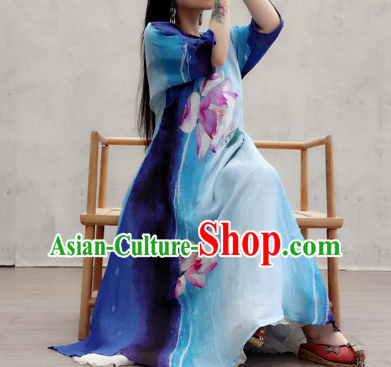 Chinese Traditional Tang Suit Qipao Dress Female Costume National Printing Lotus Blue Cheongsam