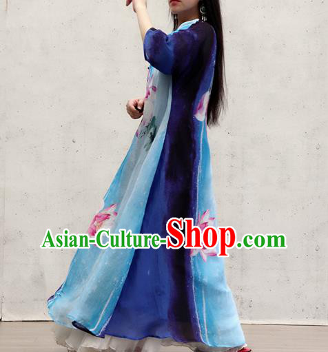 Chinese Traditional Tang Suit Qipao Dress Female Costume National Printing Lotus Blue Cheongsam