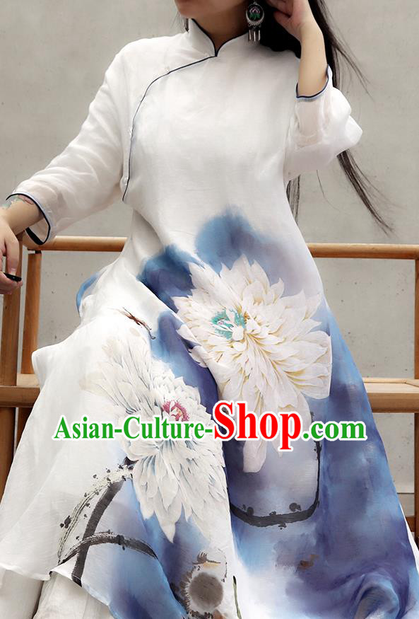 Chinese Traditional Ink Painting Lotus Qipao Dress Female Costume National Printing White Loose Cheongsam