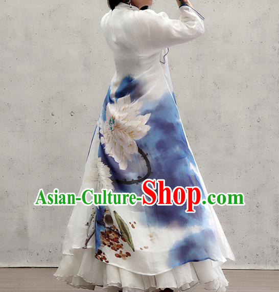 Chinese Traditional Ink Painting Lotus Qipao Dress Female Costume National Printing White Loose Cheongsam