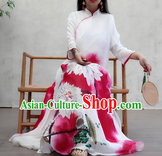 Chinese Female Costume National Printing Red Loose Cheongsam Traditional Ink Painting Lotus Qipao Dress