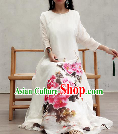Chinese National White Loose Cheongsam Female Costume Traditional Ink Painting Peony Qipao Dress