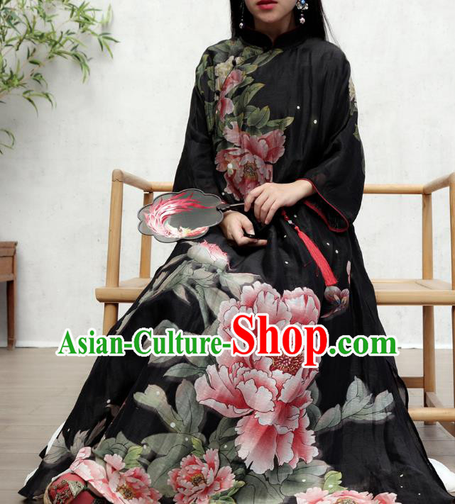 Chinese Traditional Printing Peony Qipao Dress Woman Costume National Stand Collar Black Cheongsam