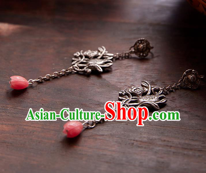 China Traditional Cheongsam Pink Mangnolia Earrings Handmade National Silver Ear Accessories
