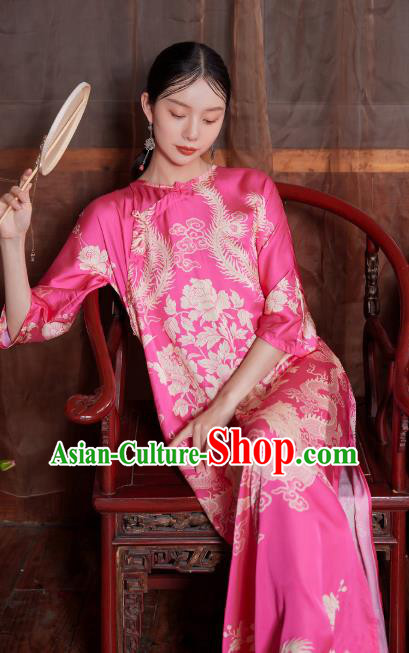 Chinese National Tang Suit Cheongsam Costume Traditional Printing Phoenix Pink Satin Qipao Dress