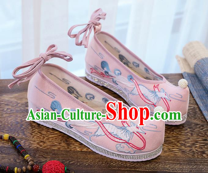 China Traditional Ming Dynasty Princess Bow Shoes Embroidered Pink Cloth Shoes Handmade Hanfu Pearl Shoes