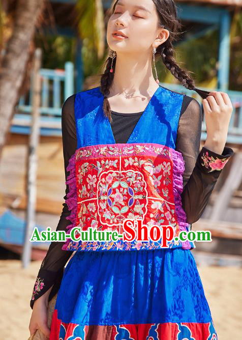 China National Embroidered Blue Vest Traditional Waistcoat Clothing Tang Suit Upper Outer Garment
