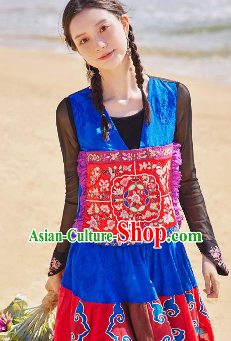 China National Embroidered Blue Vest Traditional Waistcoat Clothing Tang Suit Upper Outer Garment