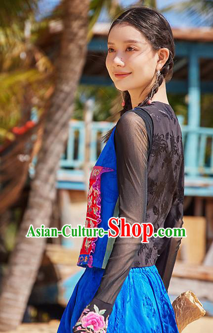 China National Embroidered Blue Vest Traditional Waistcoat Clothing Tang Suit Upper Outer Garment