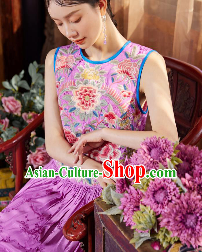 Chinese Traditional Embroidered Purple Silk Dress National Woman Tang Suit Cheongsam Costume